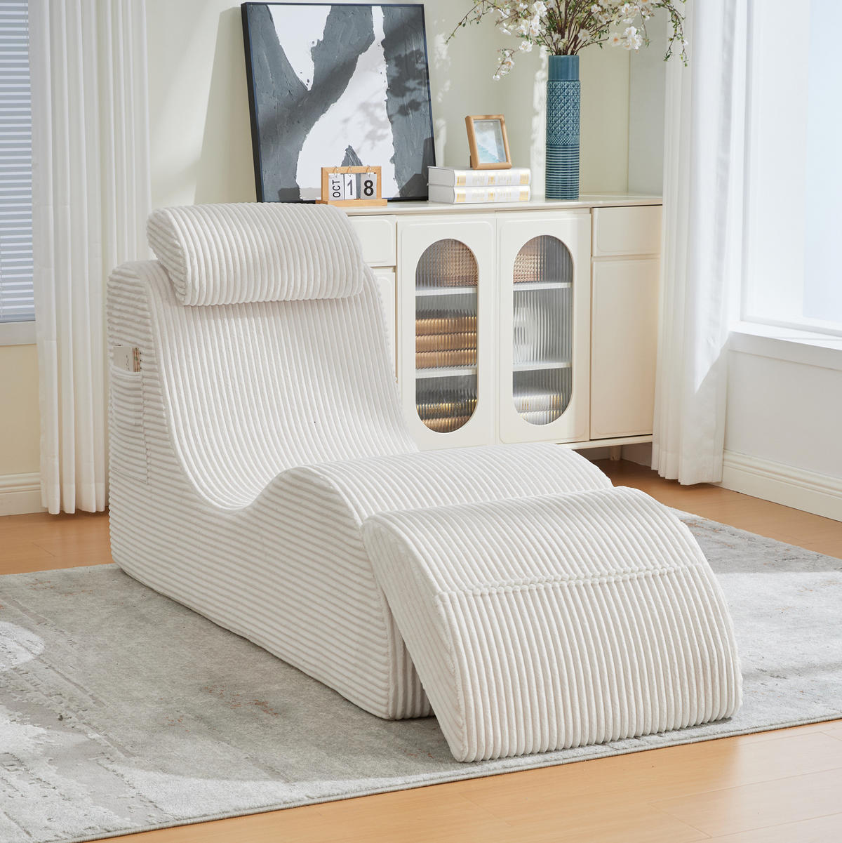 RELAXSESSEL 160/66/90 cm Beige aus Cord mit Seitentasche und Sitzkissen - Beige, Textil (66/90/160cm) - OKWISH