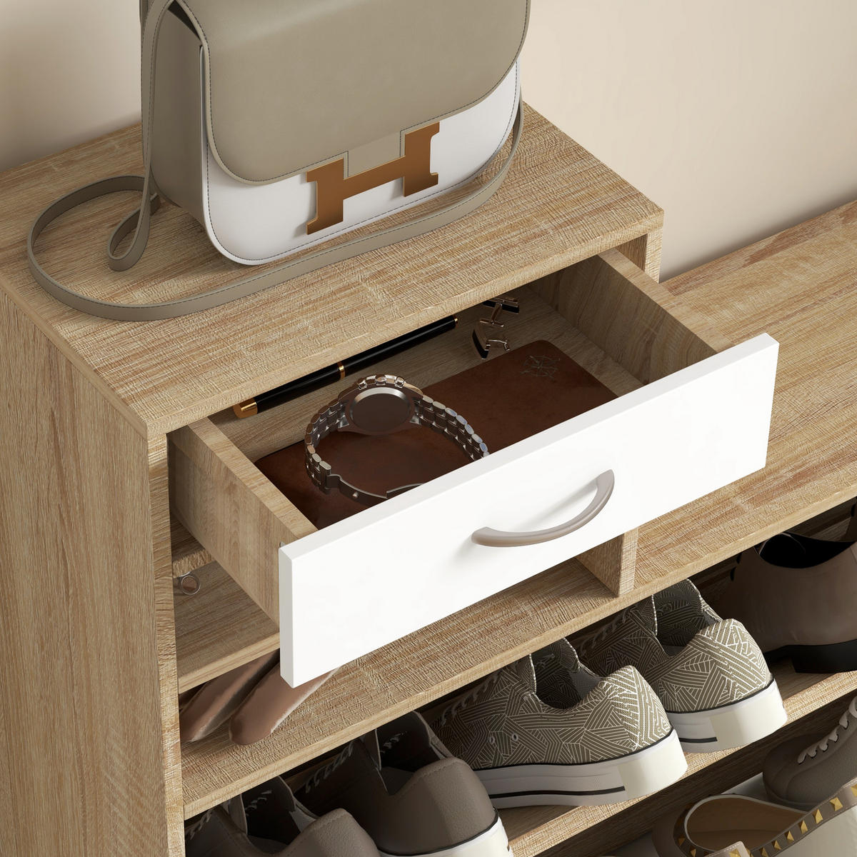 GARDEROBENSET Weiß 3-teilig mit Spiegel und Schuhschrank - Weiß, Holzwerkstoff (90/91/10cm) - PANGIVO