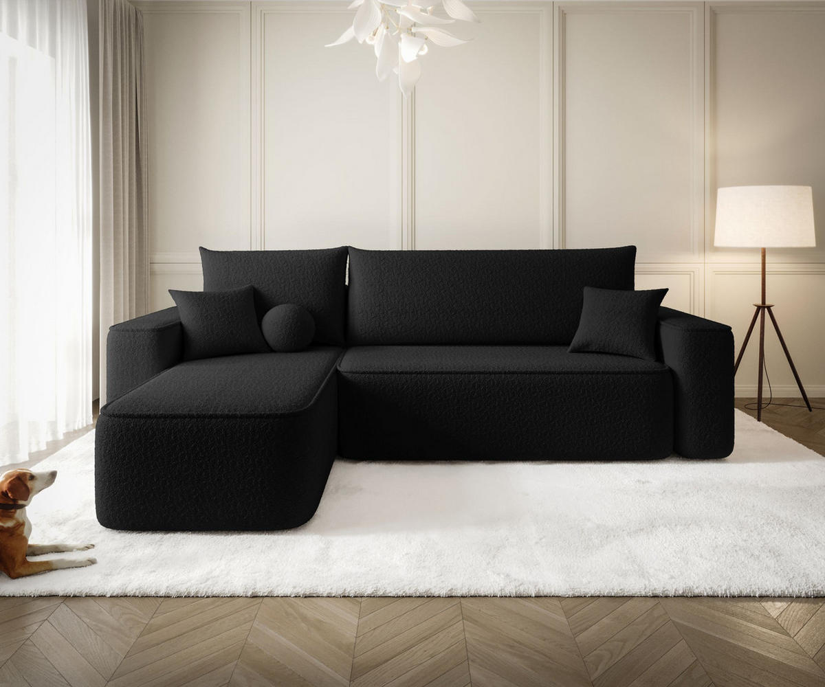 ECKSOFA TEXAS links schwarz Bukle Quelle 100 - Schlaffunktion, Bettkasten - Schwarz, Textil (250/150cm) - Cornero
