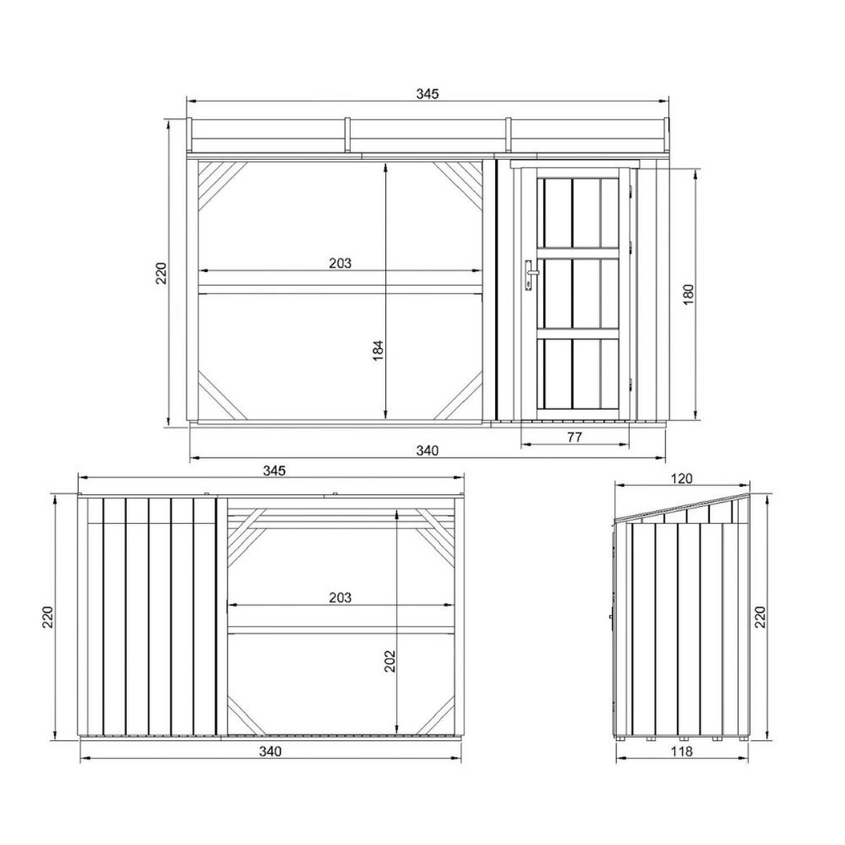 PRÍSTREŠOK na drevo s kôlňou 4,14 m² M985 - prírodná farba, drevo (120/220/345cm) - Timbela
