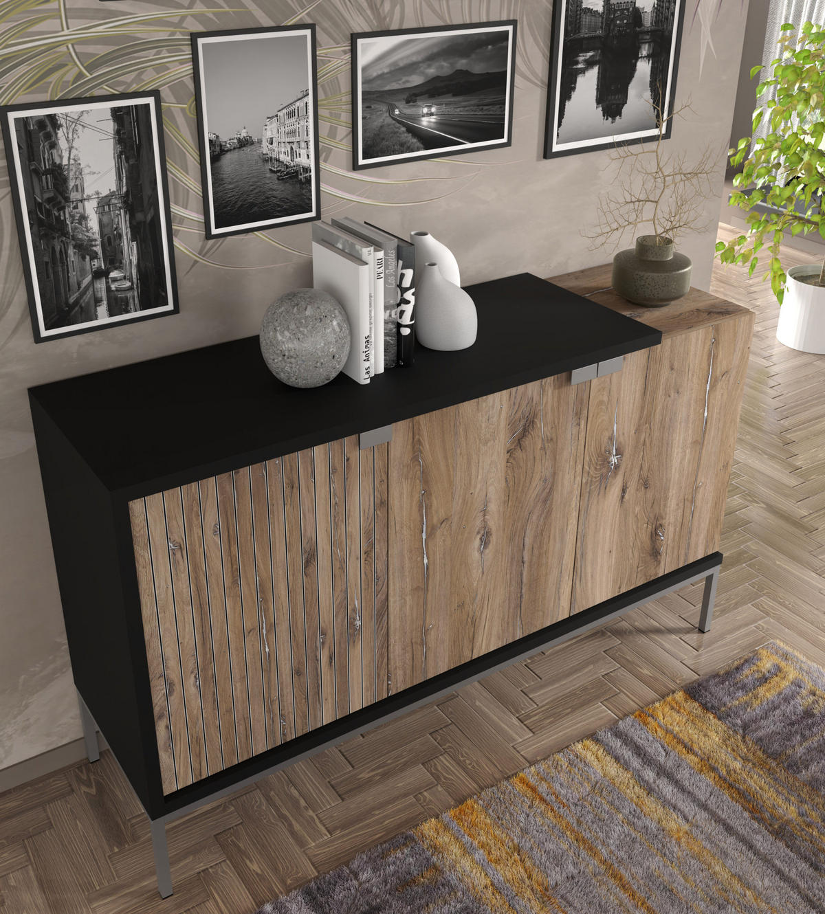 KOMMODE Flagstaff Eiche, Schwarz 143/87/42 - Schwarz, Holzwerkstoff (143/87/42cm) - RAUMHIRSCH FURNITURE