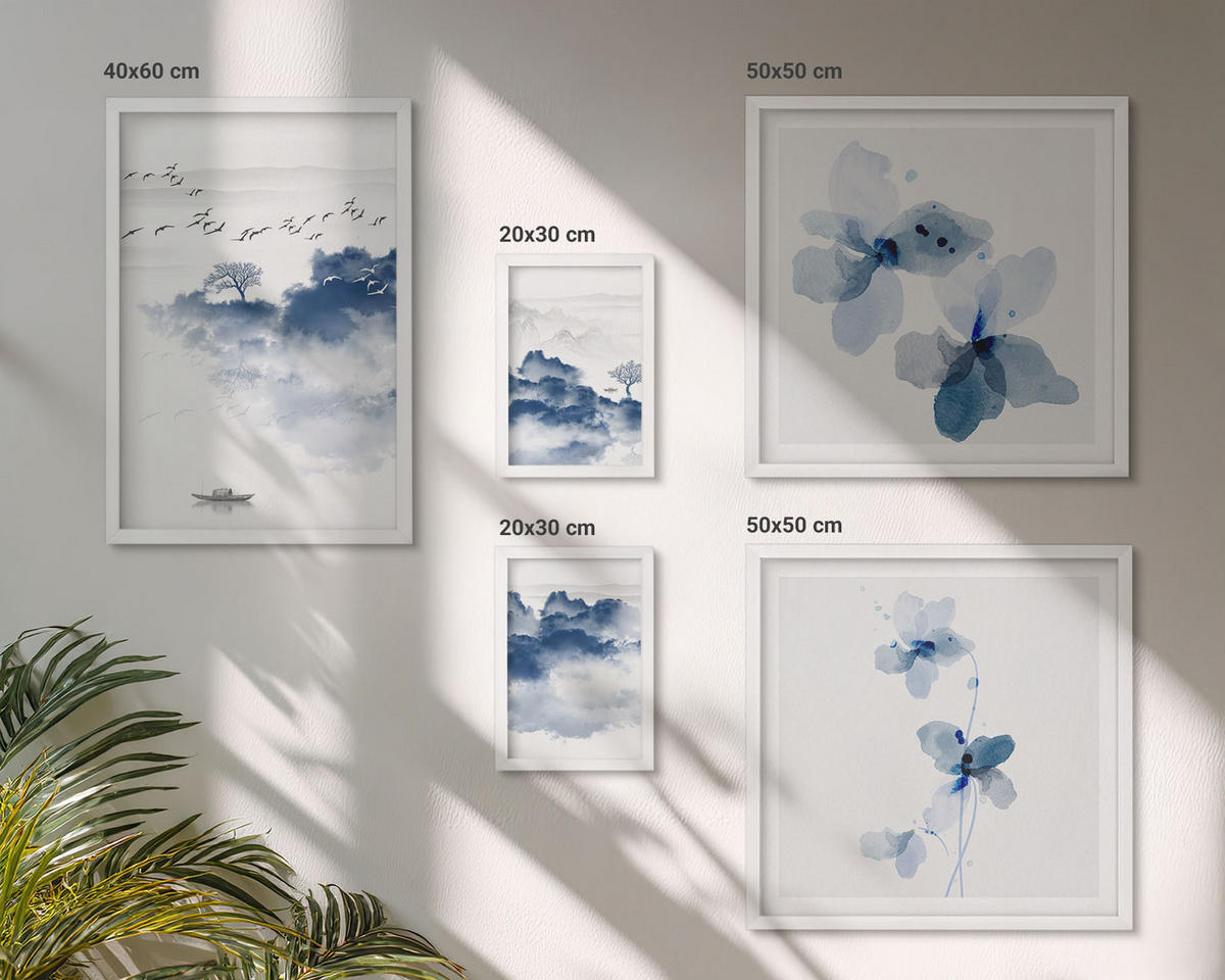 BILDER SET 5er Set - 50x50 cm & 20x30 cm & 40x60 cm Weißer Rahmen - Berge, Wolken, Bäume, Vögel im Hintergrund - Weiß, Kunststoff (40/60cm) - TULUP