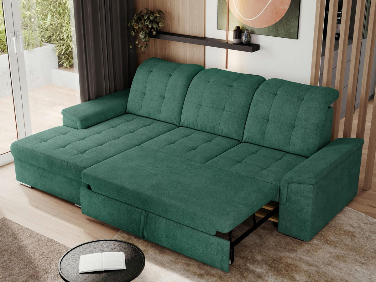 ECKSOFA MADRITO L - Grün Struktur - Links - Silberfarben/Grün, Textil/Metall (160/256cm)