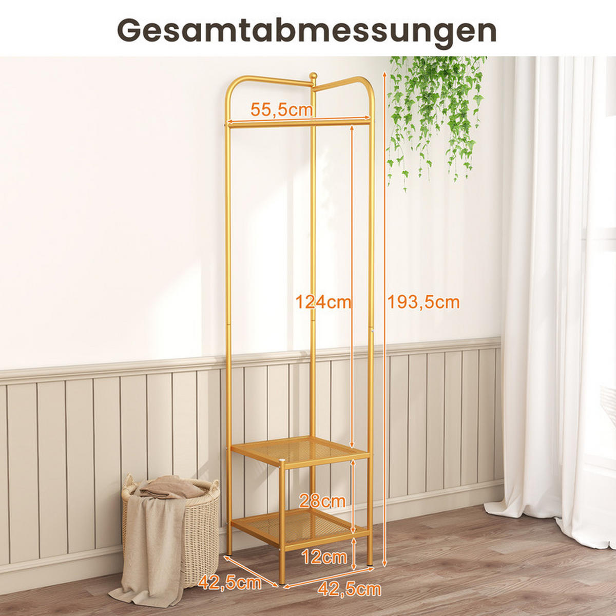 ECK-GARDEROBENSTÄNDER mit oberem Haken golden - Goldfarben, Metall (42.5/193.5/42.5cm) - COSTWAY