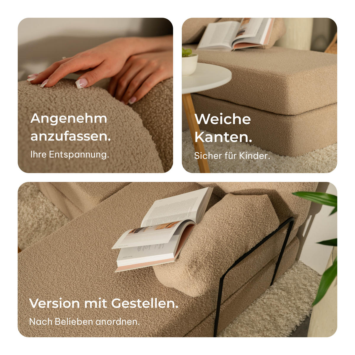 ECKSOFA SABI modulares Boneless Sofa mit Schlaffunktion Hellgrau Boucle-Stoff - Hellgrau, Textil (200/120cm) - MASSENO