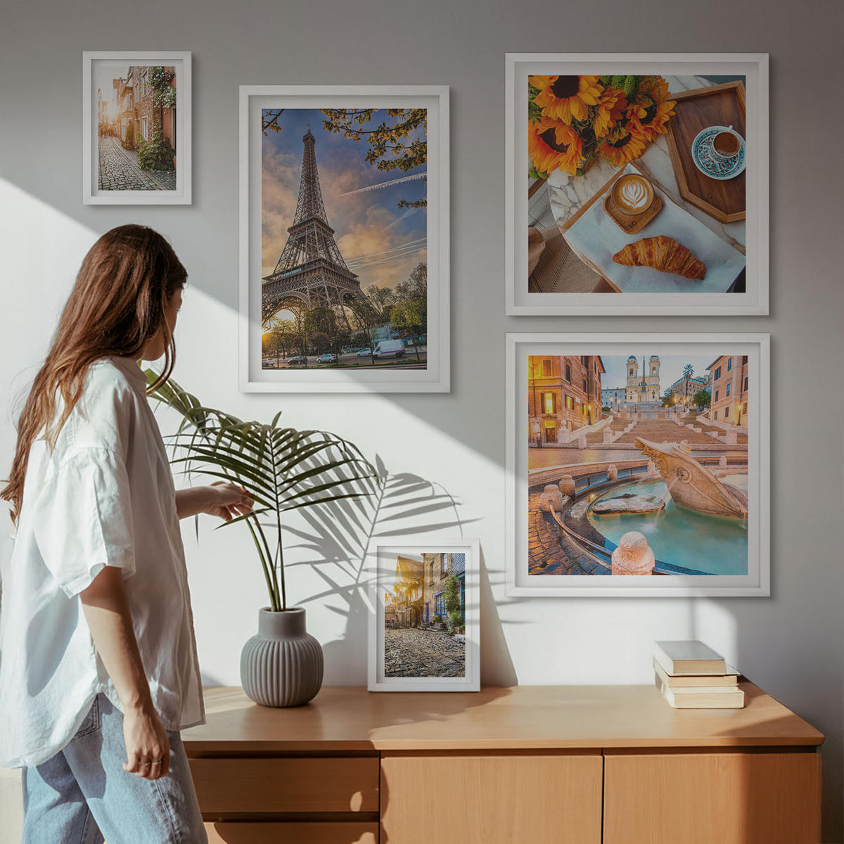 WANDBILDER 5er-Set - 50x50 cm & 20x30 cm & 40x60 cm Weißer Rahmen - Charmante Straßen mit Kaffee - Weiß, Kunststoff (40/60cm) - ArtPrintCave