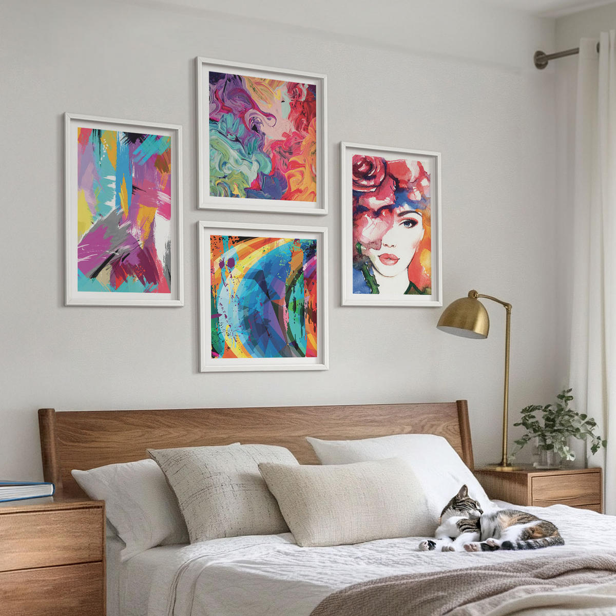BILDER SET 4er Set - 50x50 cm & 40x60 cm Weißer Rahmen - Farbenfrohes abstraktes Porträt - Weiß, Kunststoff (50/50cm) - TULUP