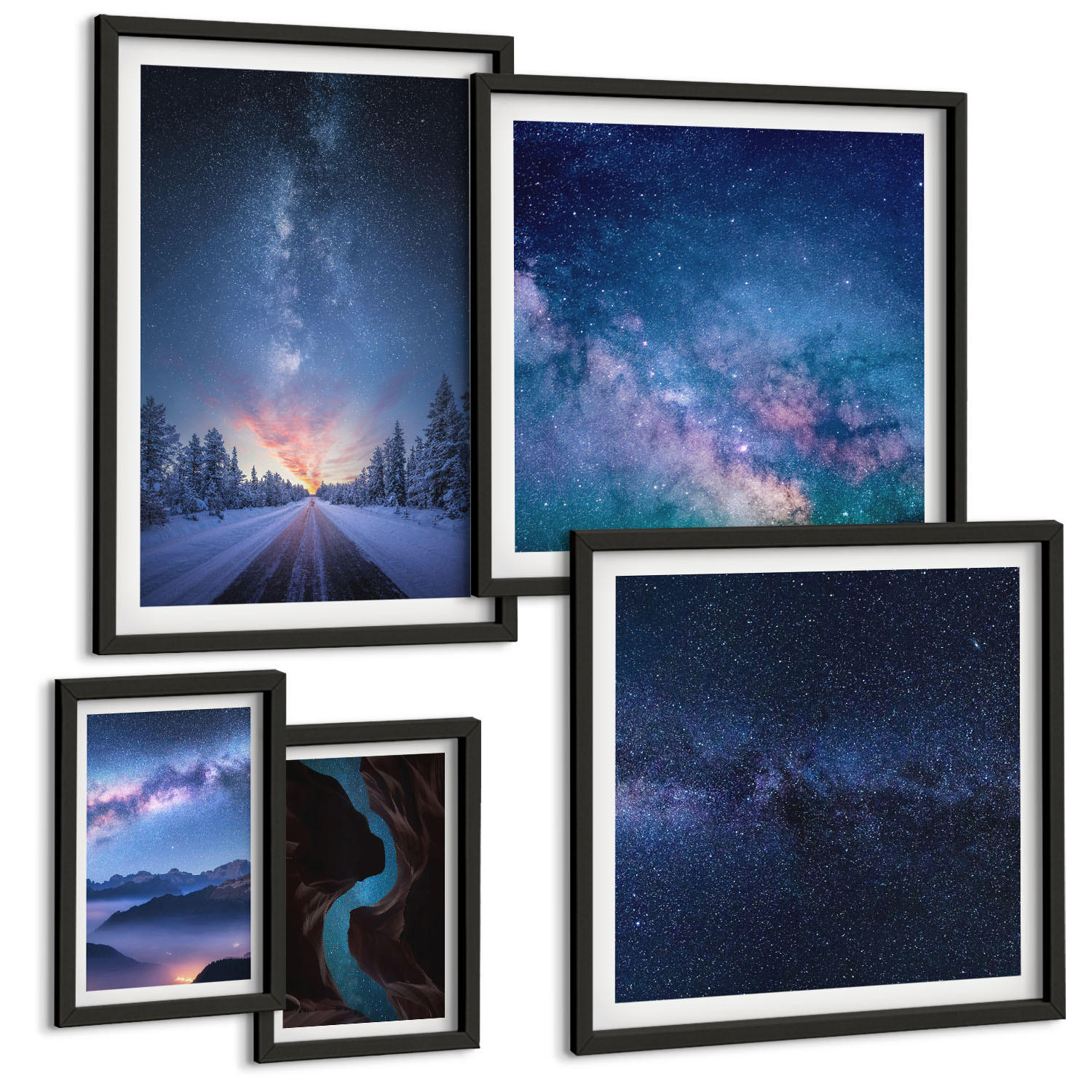 BILDER SET 5er Set - 50x50 cm & 20x30 cm & 40x60 cm Schwarzer Rahmen - Herbstliche Naturlandschaften - Schwarz, Kunststoff (40/60cm) - TULUP