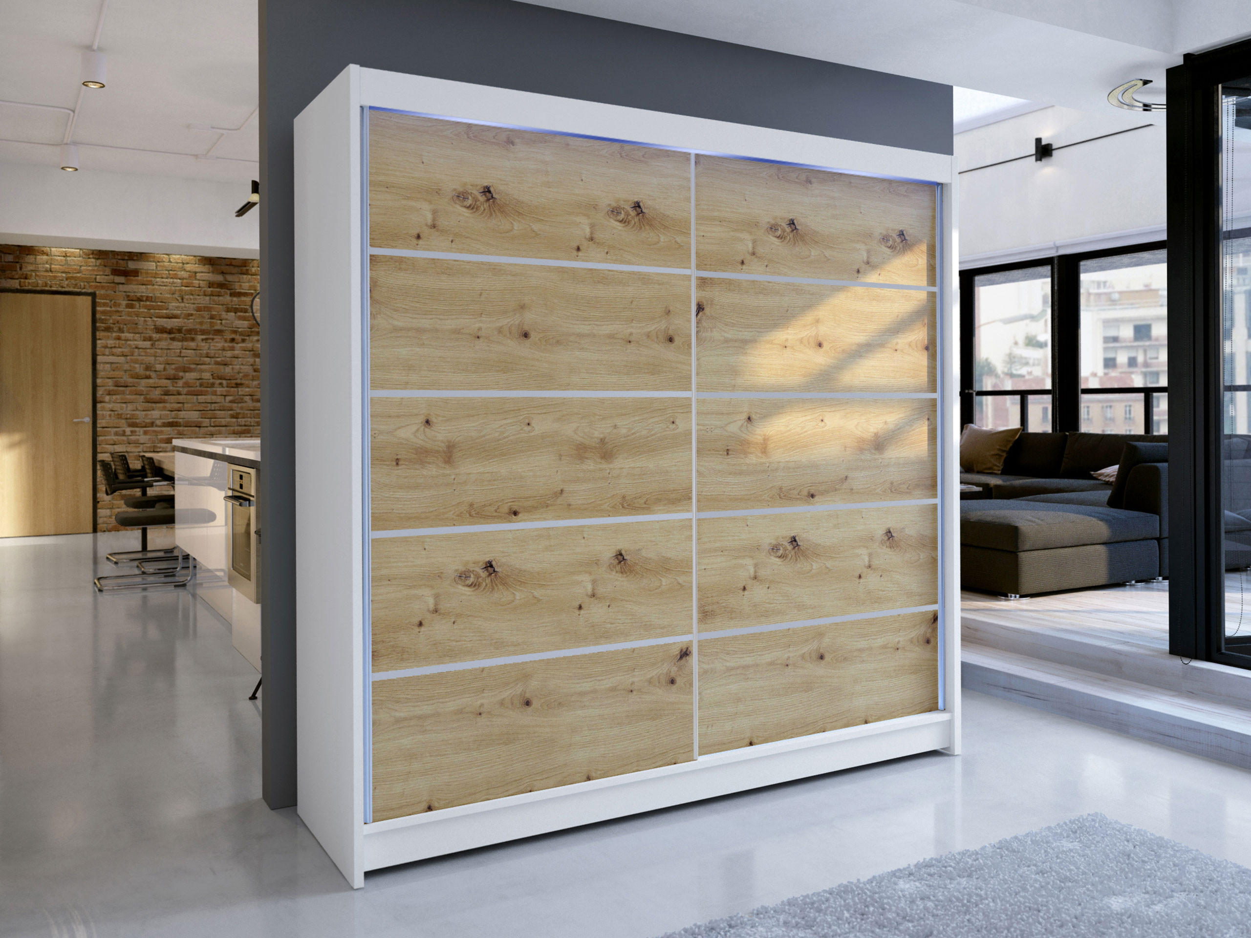 SCHWEBETÜRENSCHRANK Talin IV, mit RGB LED Beleuchtung - Silberfarben/Eiche Artisan, Holzwerkstoff/Metall (180/215/58cm) - MIRJAN24