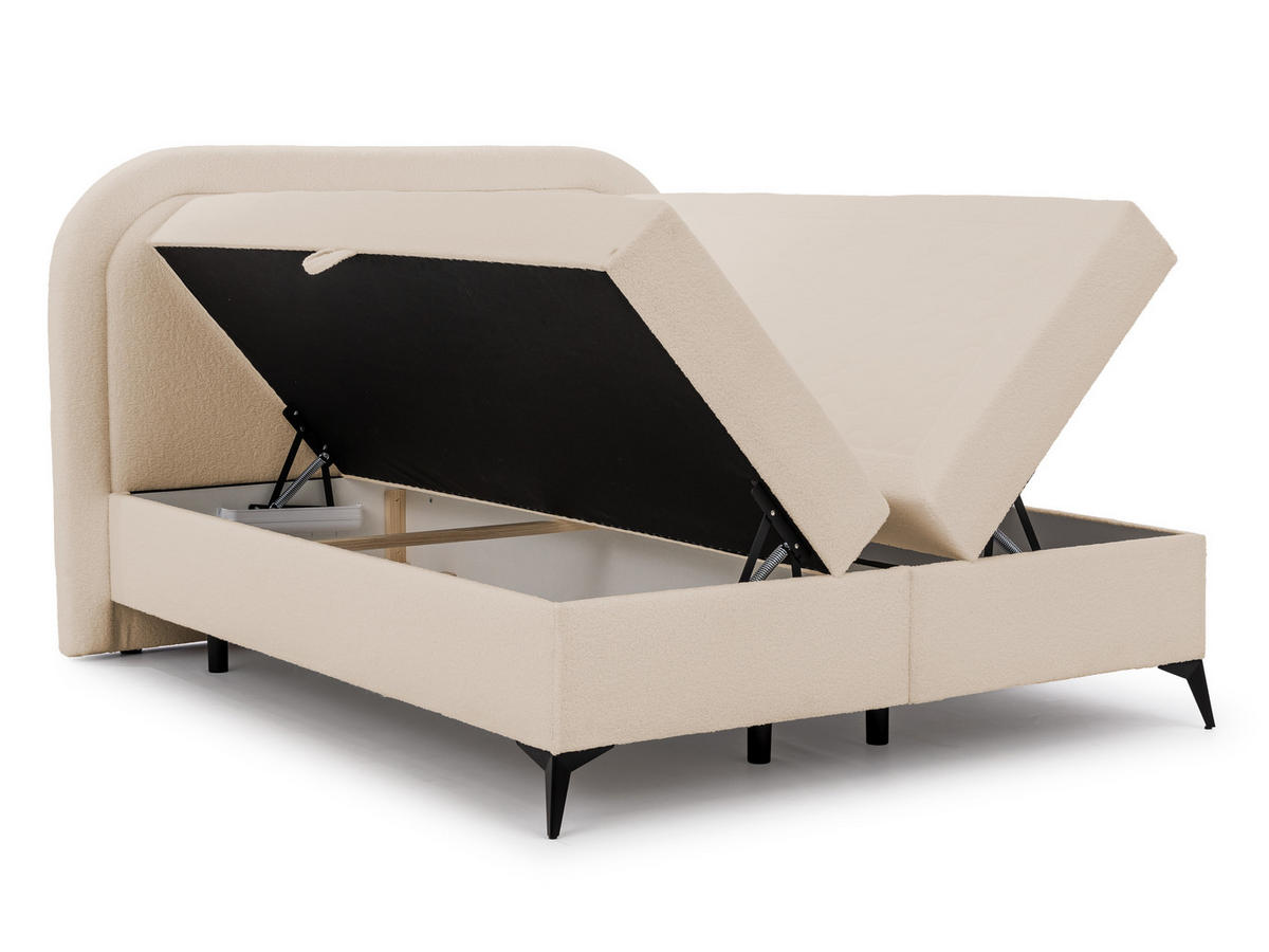 BOXBETT Sonna 160/200 cm Hellbeige Bouclé-Stoff mit abgerundetem Kopfteil und mit schwarzen Metallfüße - Beige/Schwarz, Holz/Textil (160/200cm) - S-Style Möbel