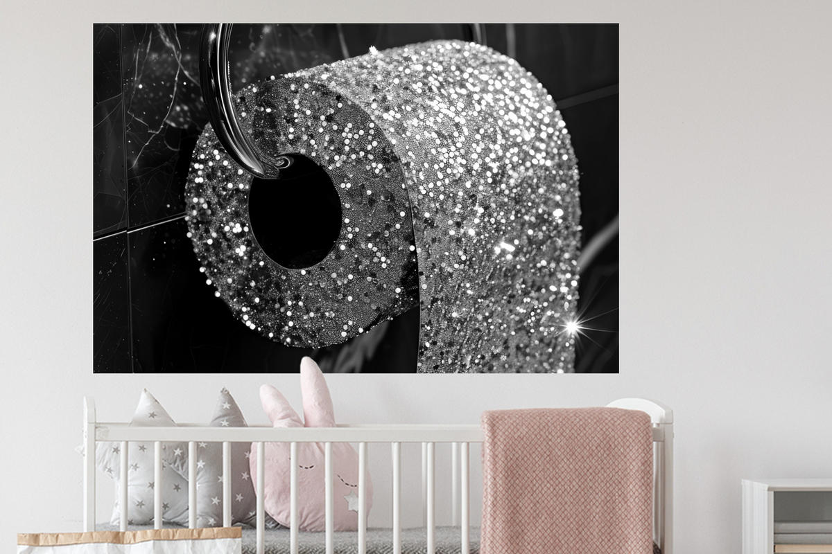 WANDTATTOO WC - Toilettenpapier - Schwarz und weiß - Glitter 120x80 cm - Silberfarben, Kunststoff (120/80/0.1cm) - MuchoWow