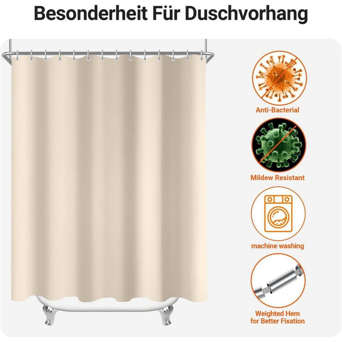 DUSCHVORHANG Beige 150 x 190 cm mit beschwertem Saum - Beige, Textil (150/190cm)
