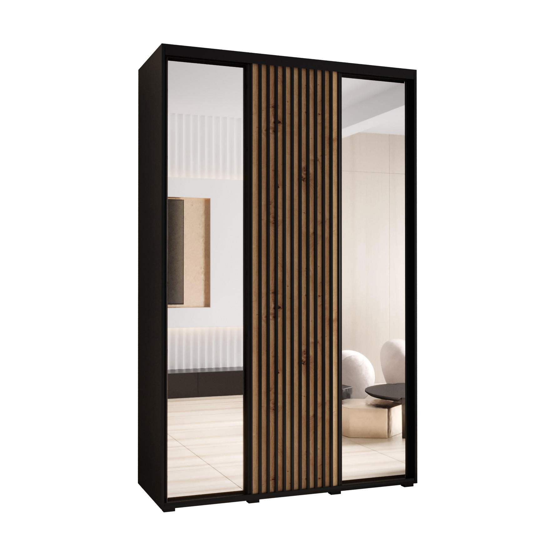 Abiks Möbel SCHWEBETÜRENSCHRANK Schwarz, Eiche Artisan, Schwarz 160cm × 45cm × 235cm