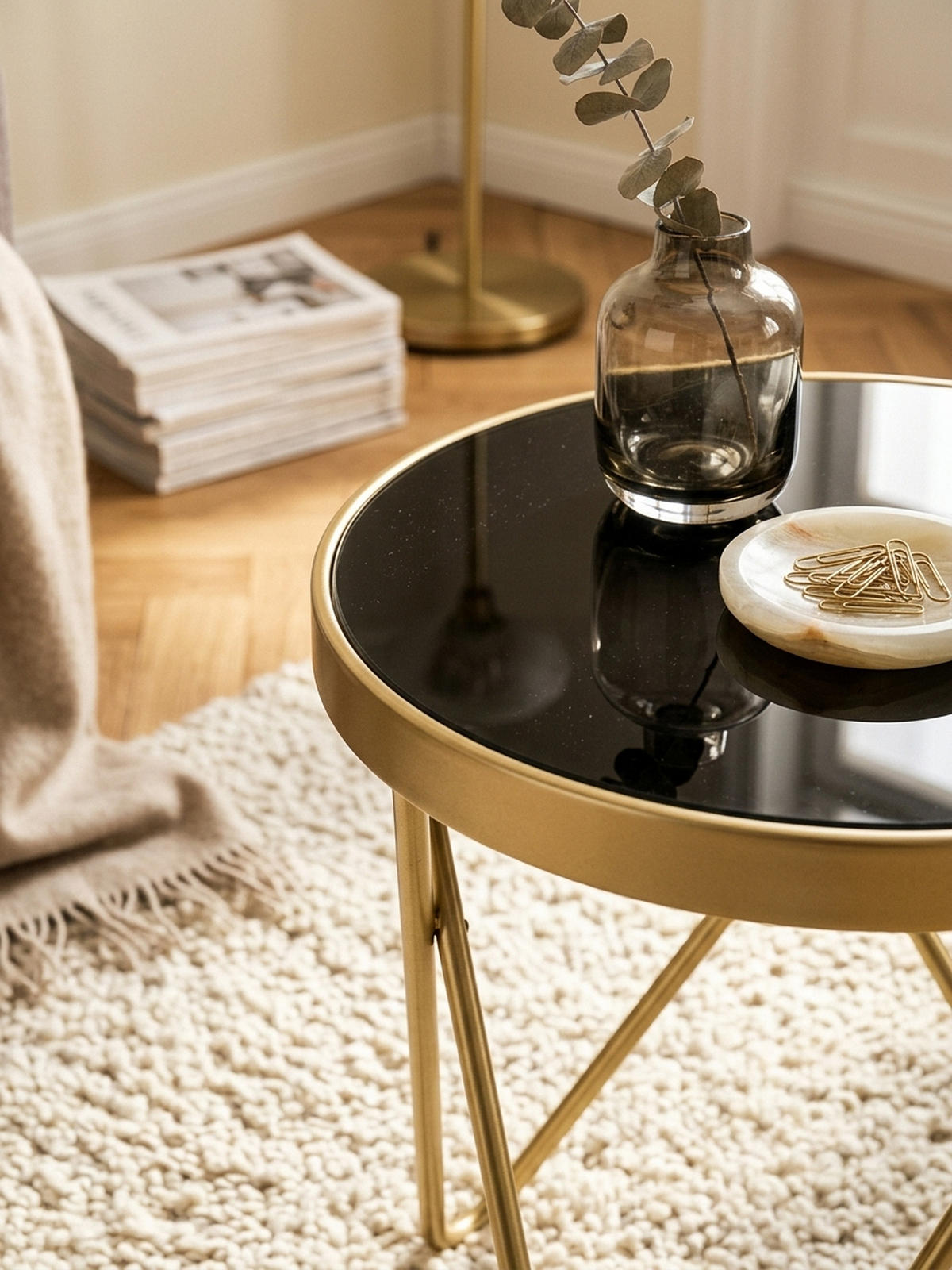 BEISTELLTISCH Glas Kupfer V-Gestell 70er-Jahre Design, Gold 42x42x46 cm - Goldfarben, Glas/Metall (42/42/46cm) - KADIMA DESIGN