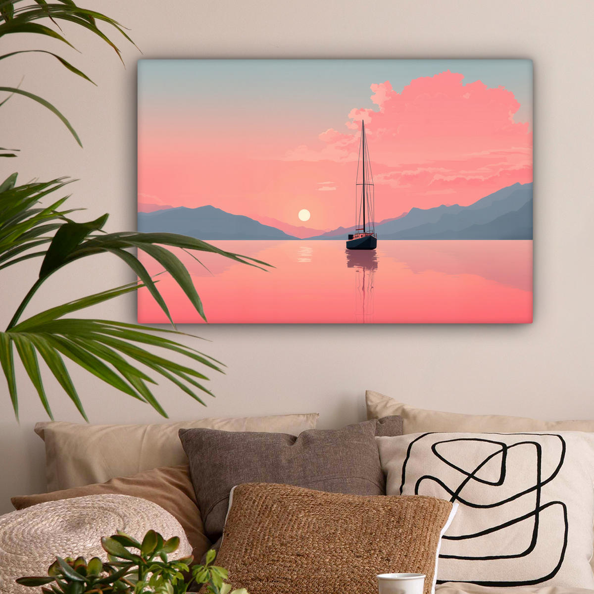 LEINWANDBILD Segelboot - Rosa Meer - Sonnenuntergang - Berge Wanddeko 90x60 cm - Rosa, Textil (90/60cm) - MuchoWow