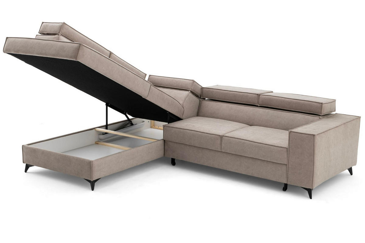 ECKSOFA PURE L Links mit Schlaffunktion 127x199 Velours Creme - Creme/Schwarz, Holz/Textil (281/204cm) - Muffo