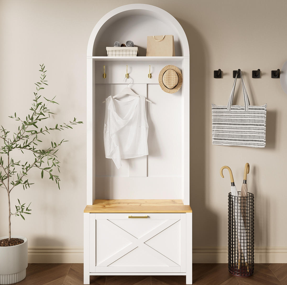 GARDEROBENSCHRANK mit Schuhfach 75 x 35 x 195 cm MDF Weiß Holzoptik - Weiß, Holzwerkstoff (35/195/75cm) - Beauniv