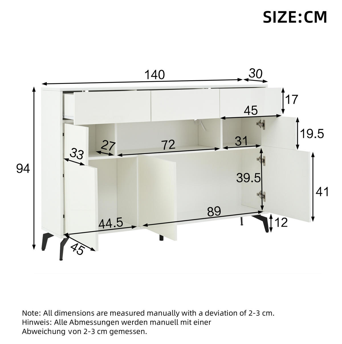 SIDEBOARD 140/30/94 cm mit 3 Schubladen, LED-Beleuchtung und Hochglanzfront - Weiß, Holzwerkstoff (140/94/30cm) - BEAOK