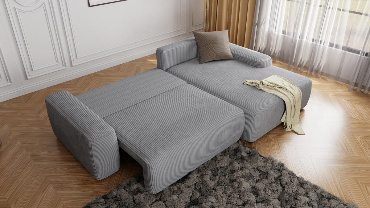 ECKSOFA Nancy Hellgrau Cord - Hellgrau/Schwarz, Holz/Kunststoff (264/162cm) - S-Style Möbel