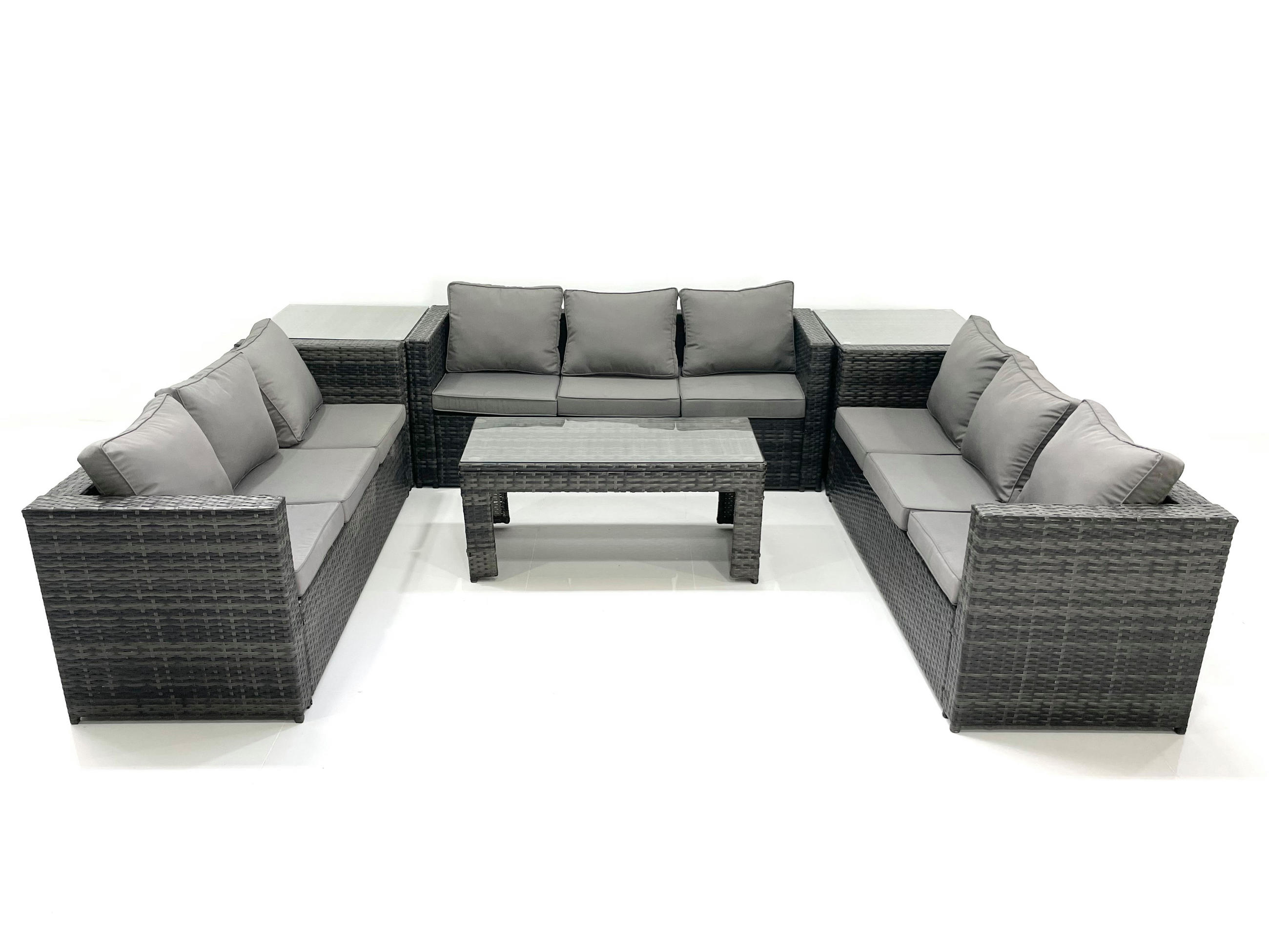 GARTENMÖBEL COUCHTISCH SET mit Sofa Polyrattan Outdoor 9-Sitzer - Dunkelgrau/Grau, Glas/Kunststoff - Fimous