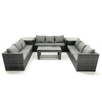 GARTENMÖBEL COUCHTISCH SET mit Sofa Polyrattan Outdoor 9-Sitzer - Dunkelgrau/Grau, Glas/Kunststoff - Fimous
