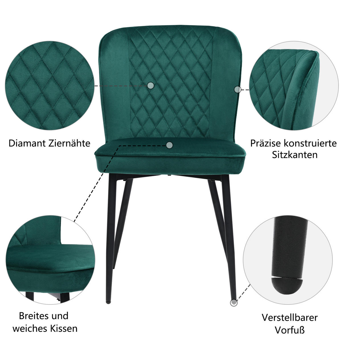 ESSZIMMERSTUHL ergonomisch Samt Grün 6er-Set - Grün, Metall (43/86/47.2cm) - Meubliv