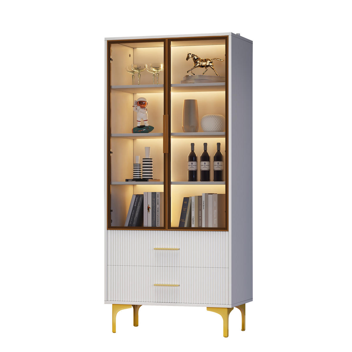 HIGHBOARD mit Glastüren 70/35/150 cm in Weiß mit LED und 2 Schubladen - Weiß, Holzwerkstoff (70/150/35cm) - BEAOK