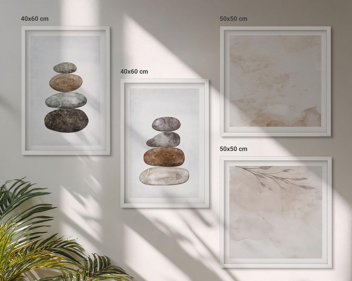 WANDBILDER 4er-Set - 50x50 cm & 40x60 cm Weißer Rahmen - Steinstapel-Boho-Malerei - Weiß, Kunststoff (50/50cm) - ArtPrintCave
