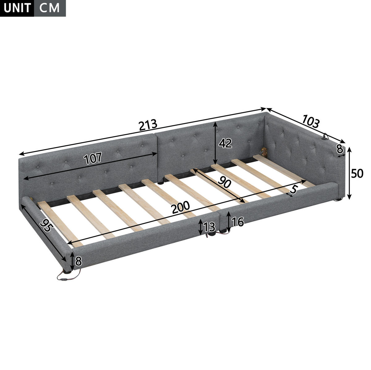 TAGESBETT 90/200 cm mit Lattenrost und USB-Anschlüssen Grau Leinen - Grau, Textil (90/200cm) - OKWISH