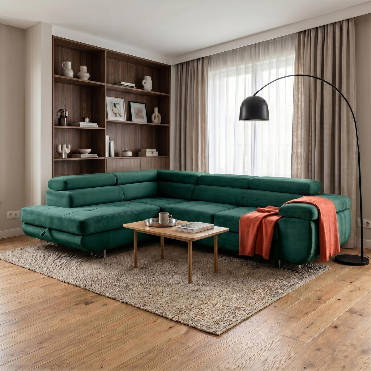 ECKSOFA WILD L Links mit Schlaffunktion 127x195 Velours Dunkelgrün - Chromfarben/Dunkelgrün, Holz/Textil (203/274cm) - Muffo