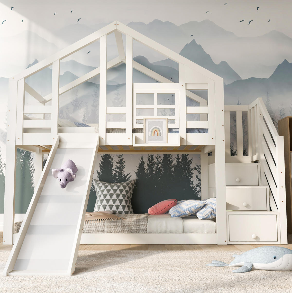 ETAGENBETT 90/200 cm in Weiß mit Rutsche und Stauraum im Baumhaus-Design - Weiß, Holzwerkstoff (90/200cm) - OKMYHOME