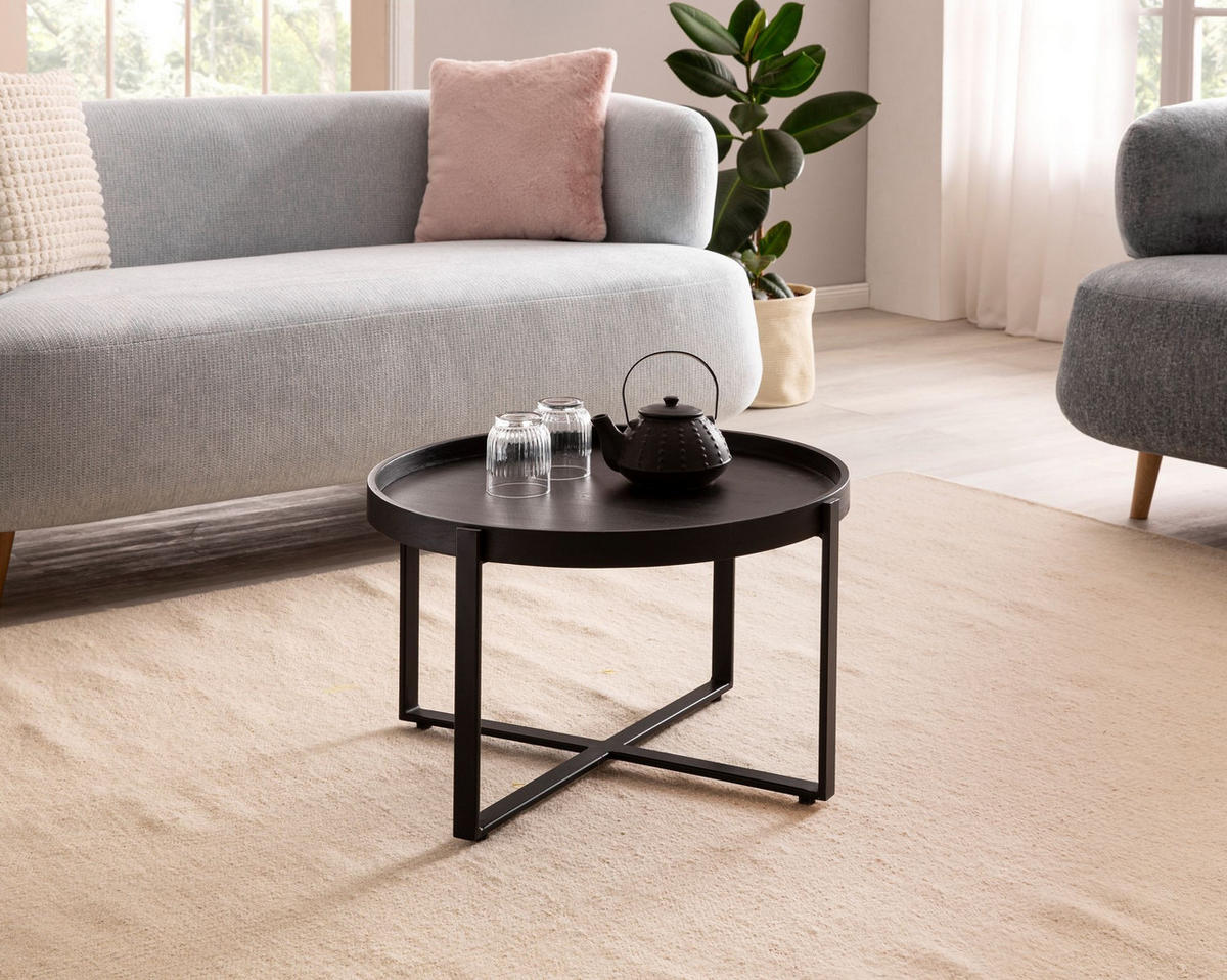 COUCHTISCH Schwarz Mango Massivholz Metall, Rund mit erhöhtem Rand, 60x60x35 cm - Schwarz, Holz/Metall (60/60/35cm) - KADIMA DESIGN