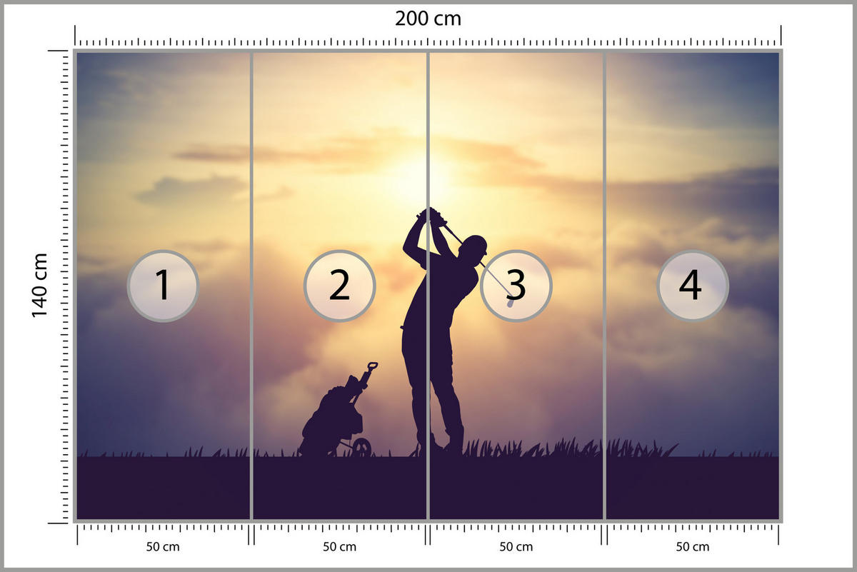 FOTOTAPETE für Jugendzimmer Golfer Sonnenuntergang Silhouette Sport 200x140 - Gelb/Violett, Papier (200/140cm) - Muralo