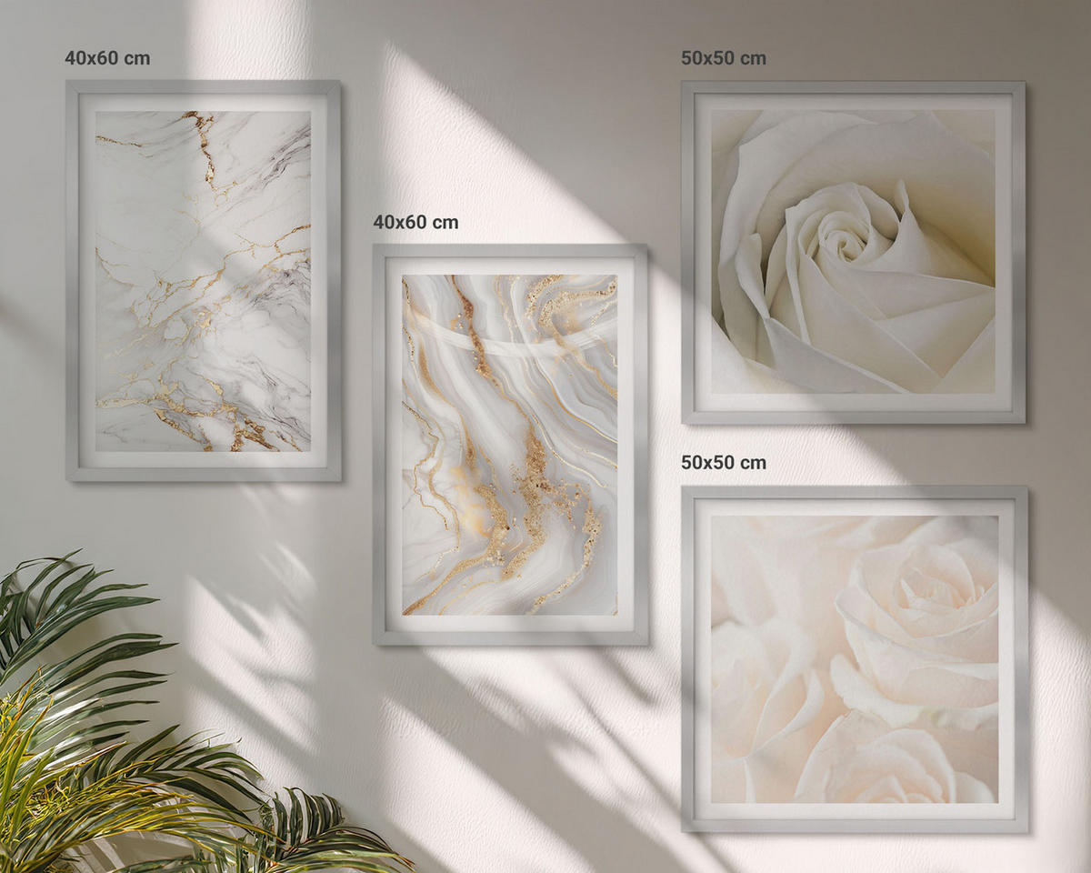 WANDBILDER 4er Set - 50x50 cm & 40x60 cm Silberner Rahmen - Elegante Marmormuster - Silberfarben, Kunststoff (50/50cm) - ArtPrintCave