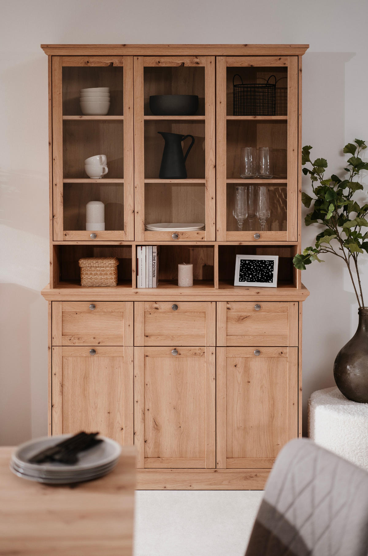 BUFFETSCHRANK Eiche Artisan 120 cm, Vitrine Landhaus - Eichefarben/Silberfarben, Glas/Holzwerkstoff (120/200/40cm) - Furn.Design