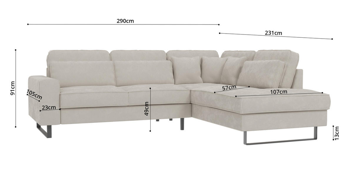 ECKSOFA Floe Beige Cord - Beige/Schwarz, Holz/Kunststoff (290/231cm) - S-Style Möbel