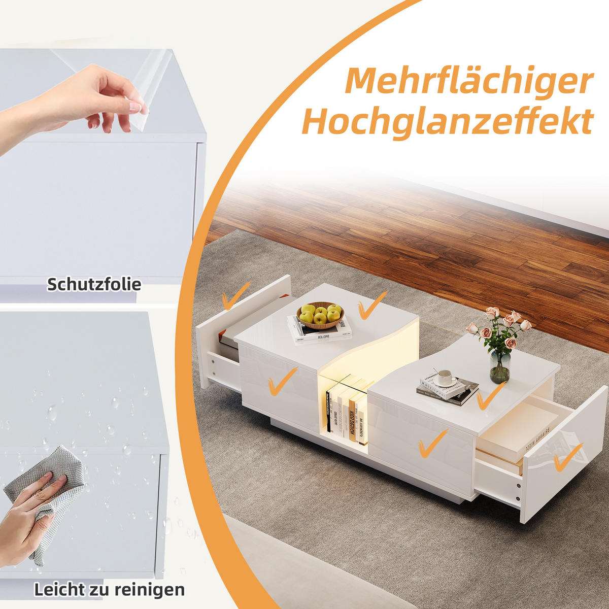COUCHTISCH 100/50/35 cm weiß aus MDF mit LED und Schubladen - Weiß, Holzwerkstoff (100/50/35cm) - OKMYHOME