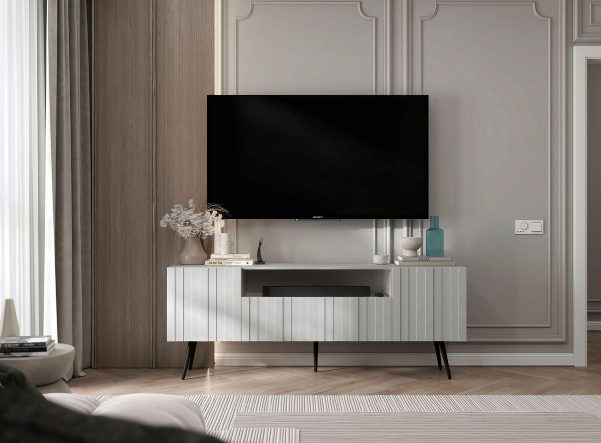 TV-SCHRANK Elpis Weiß Matt mit Metallbeine Glamour 150 cm - Schwarz/Weiß, Holzwerkstoff/Metall (150/60.5/36.5cm) - Meble Lindner
