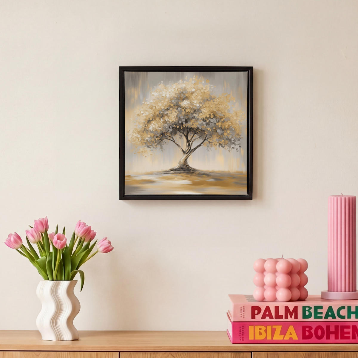 LEINWAND Bilder mit Rahmen - Gemälde - Baum - Abstrakt - Blätter - 20x20 - Beige, Textil (20/20cm) - MuchoWow