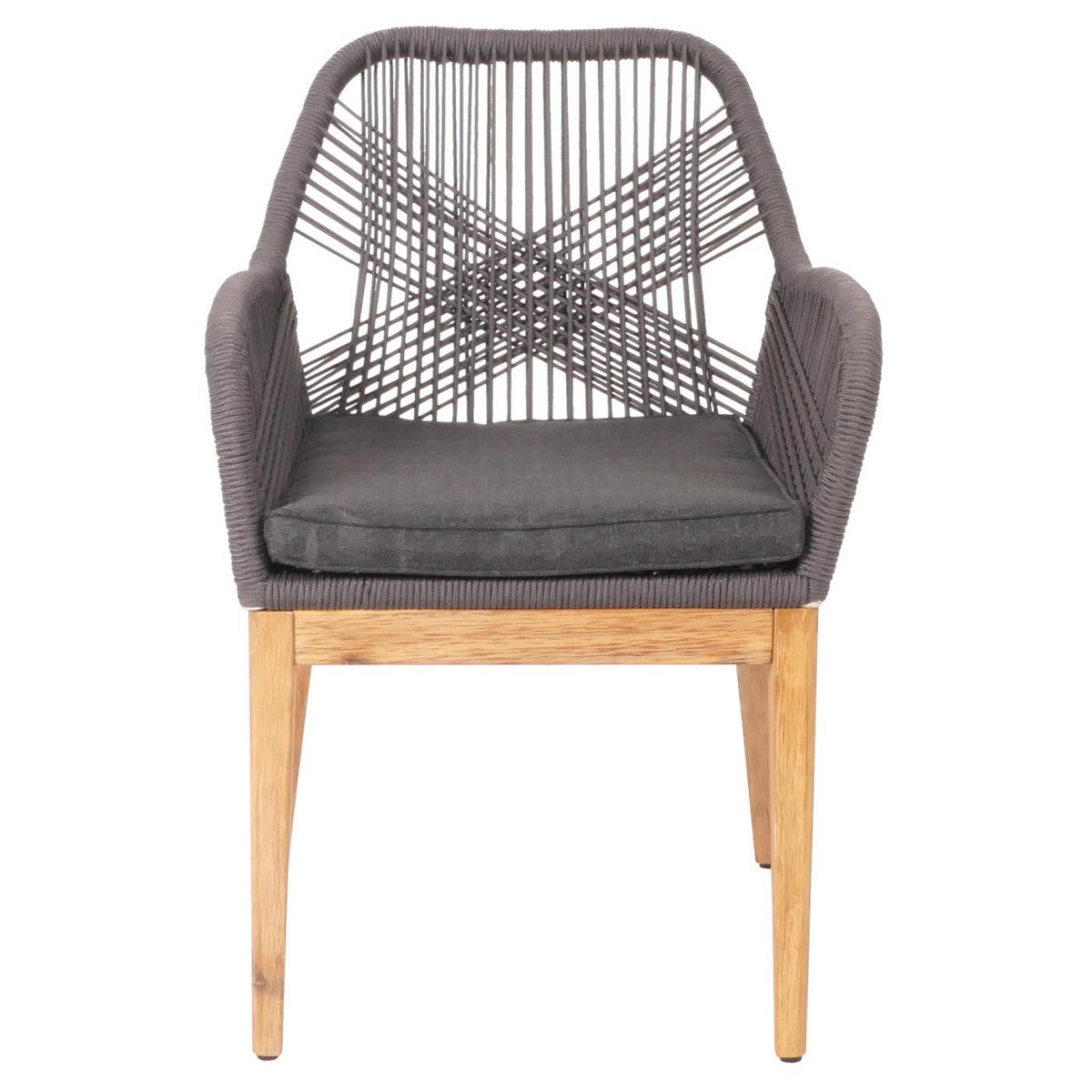GARTENSTUHL 2er-Set HxBxT 85x58x59cm Sitzhöhe 47cm wetterfest Seilgeflecht Holz Akazie Grau Kissen Anthrazit - Grau, Holz (58/85/59cm) - PROREGAL
