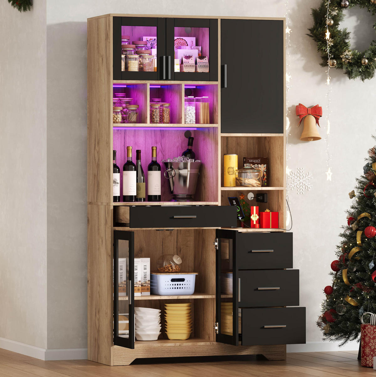 BUFFETSCHRANK 40/100/185 cm mit LED-Beleuchtung, Steckdose und verstellbaren Einlegeböden, Schwarz/Natur - Schwarz, Holzwerkstoff (100/185/40cm) - Redom