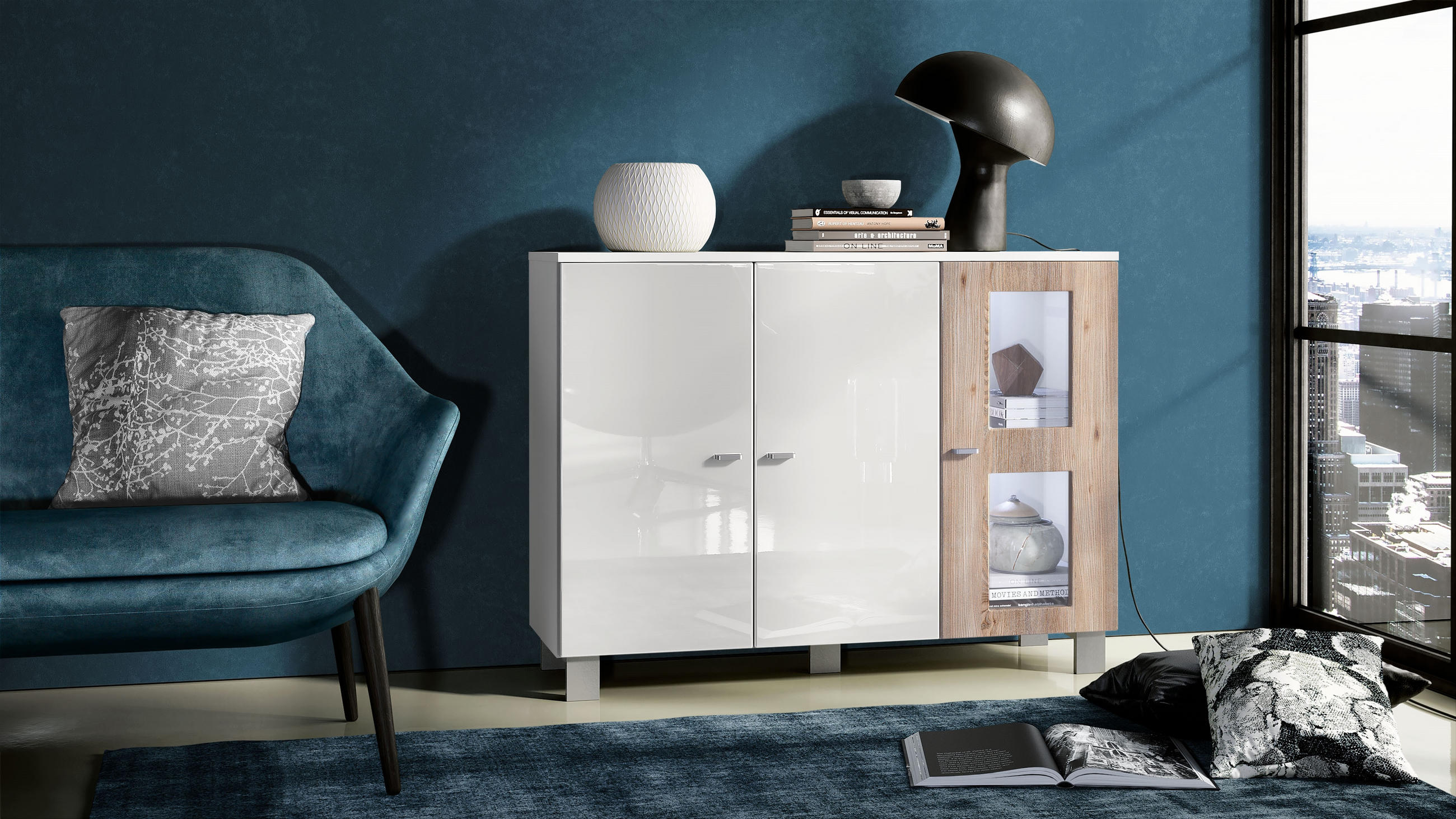 SIDEBOARD Denjo Tür in Eiche Nordic - Silbereichenfarben, Holzwerkstoff (107/81/35cm) - Vladon