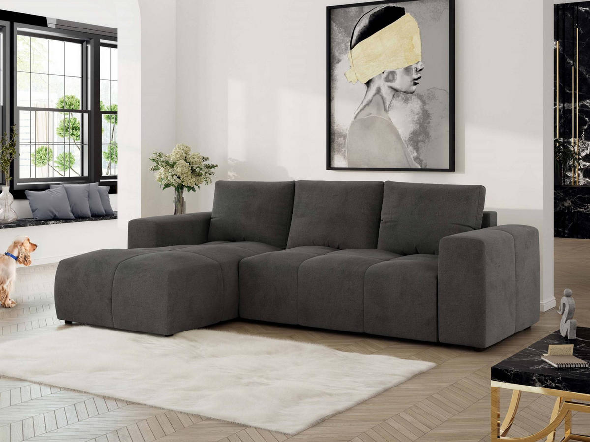 ECKSOFA MONIVA Dunkelgrau Velvet - Links - Dunkelgrau/Schwarz, Textil (164/266cm) - MKS