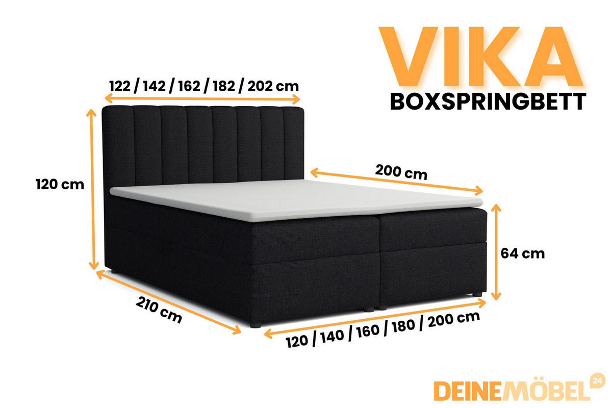 BOXBETT VIKA 120/200 in Stoff Schwarz H3 - Schwarz, Holz/Holzwerkstoff (120/200cm) - Deine Möbel 24