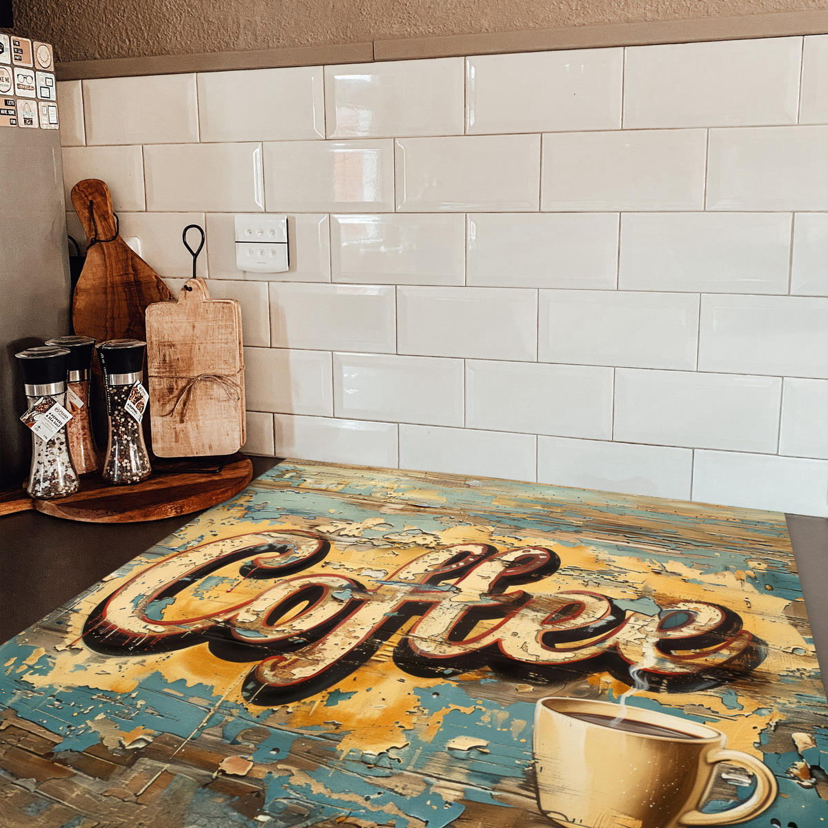 HERDABDECKPLATTE Kaffee - Vintage - Braun - Tasse Induktionsmatte 78x78 cm - Teakfarben, Kunststoff (78/78/0.2cm) - MuchoWow