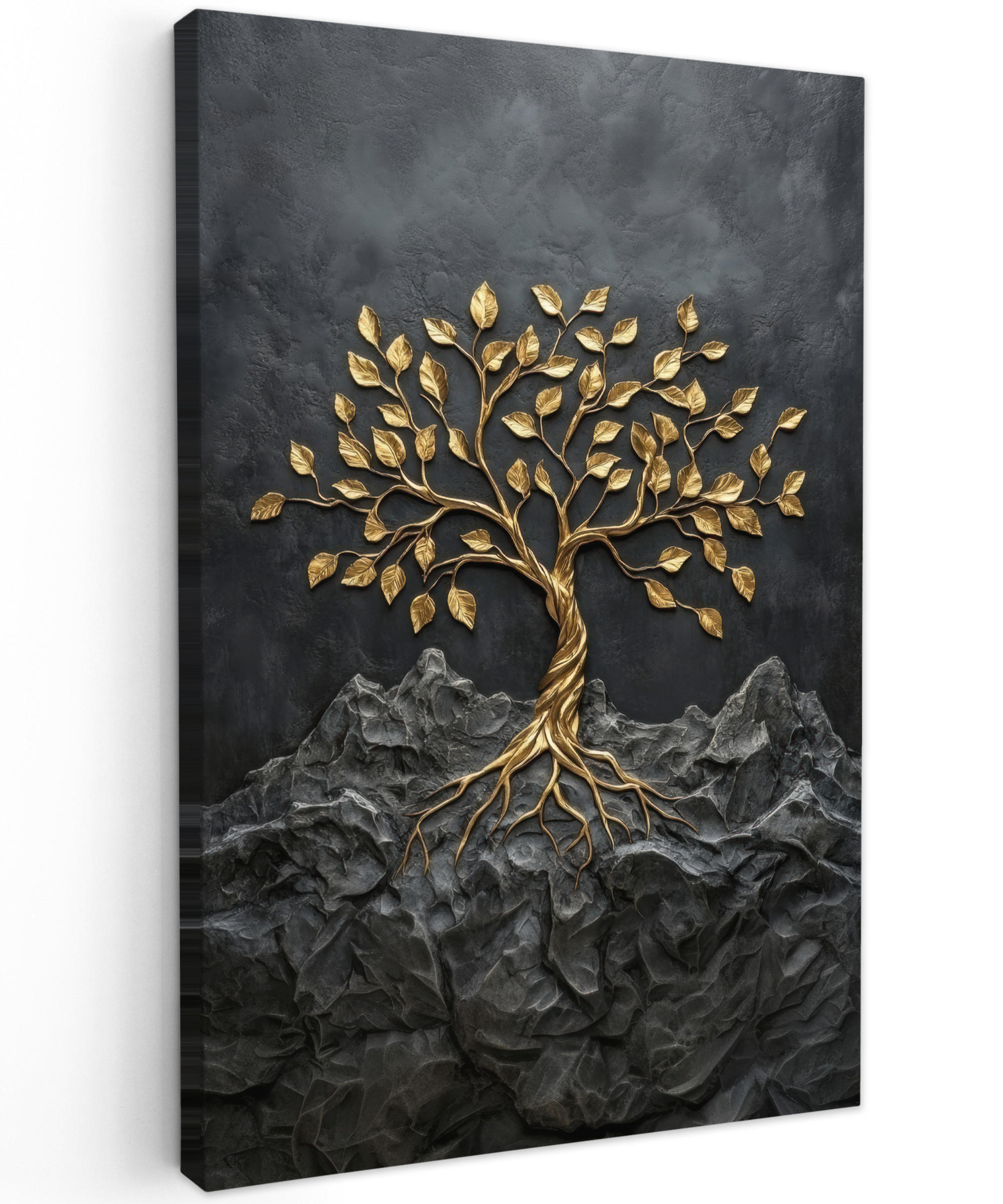 LEINWANDBILD Blätter - Gold - Baum - Fels Deko Groß 90x140 cm - Schwarz, Textil (90/140cm) - MuchoWow