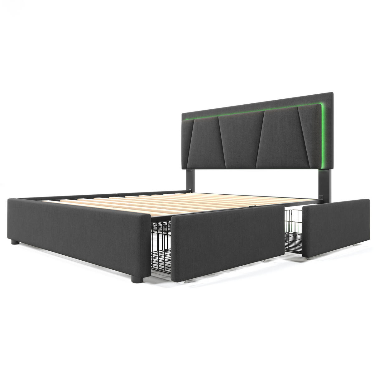 OBLAZINJENA postelja 140/200 cm z LED osvetlitvijo, 4 predali in nastavljivim vzglavjem, Siva - siva, les (140/140cm) - Redom