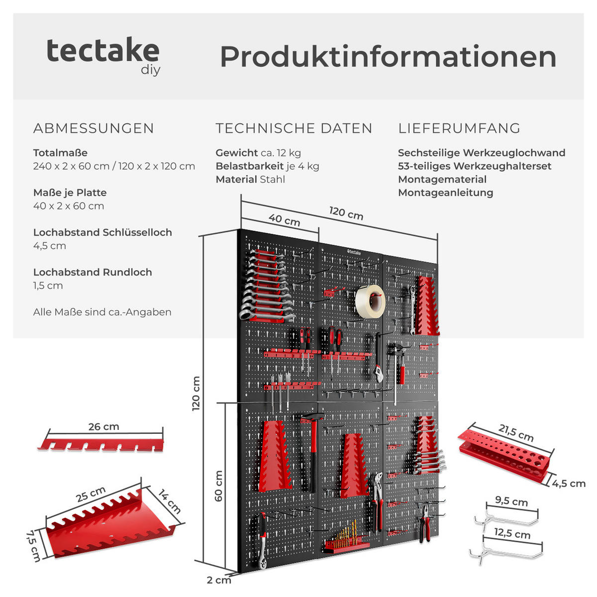 WERKZEUGLOCHWAND Jonah,Belastbarkeit 4 kg pro Platte,schwarz/rot - Rot/Schwarz, Metall (240/60/2cm) - tectake