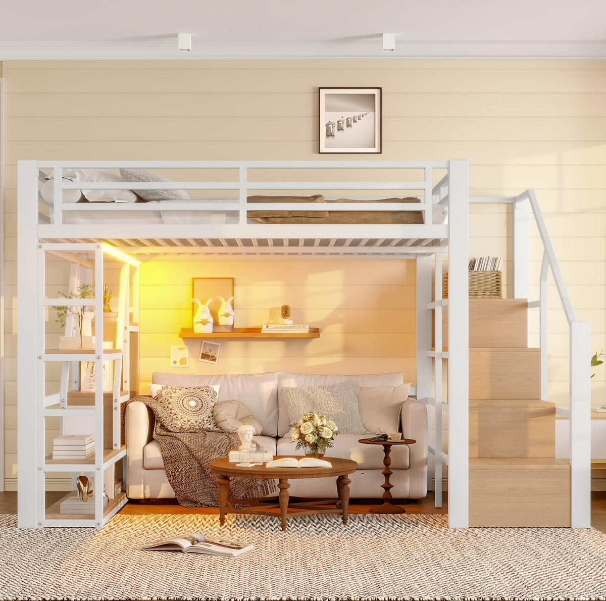 HOCHBETT 140/200 cm Weiß aus Metall und MDF mit LED-Lichtleiste - Weiß, Holzwerkstoff (140/200cm) - OKMYHOME