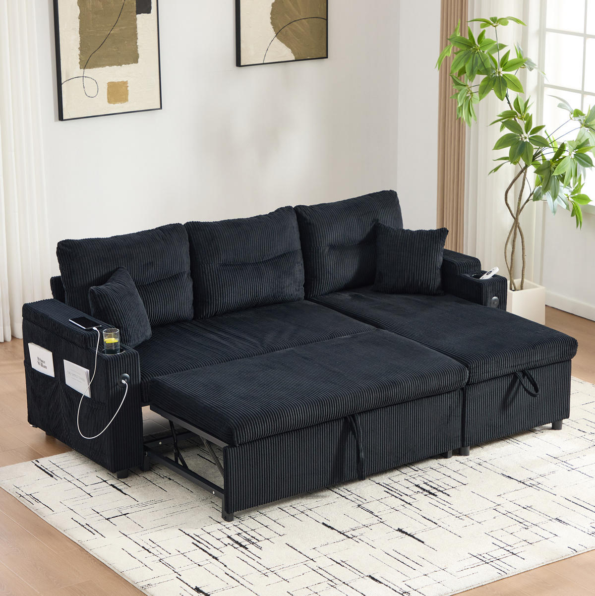 3-SITZER Eckschlafsofa Cord mit Stauraum und USB-Anschluss Schwarz 212,5/136/86 cm - Schwarz, Textil (136/212.5cm) - Redom